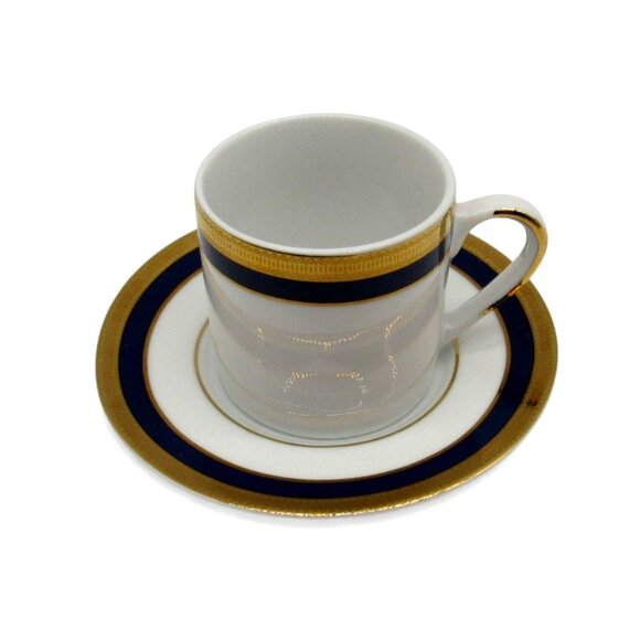 LA VAISSELLERIE Fine PORCELAIN Espresso Cup Saucer Gold Blue Navy Vaiselle Vinta - Picture 1 of 12